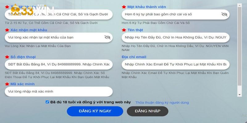Các thông tin cần nhập khi đăng ký tài khoản cá cược 33WIN